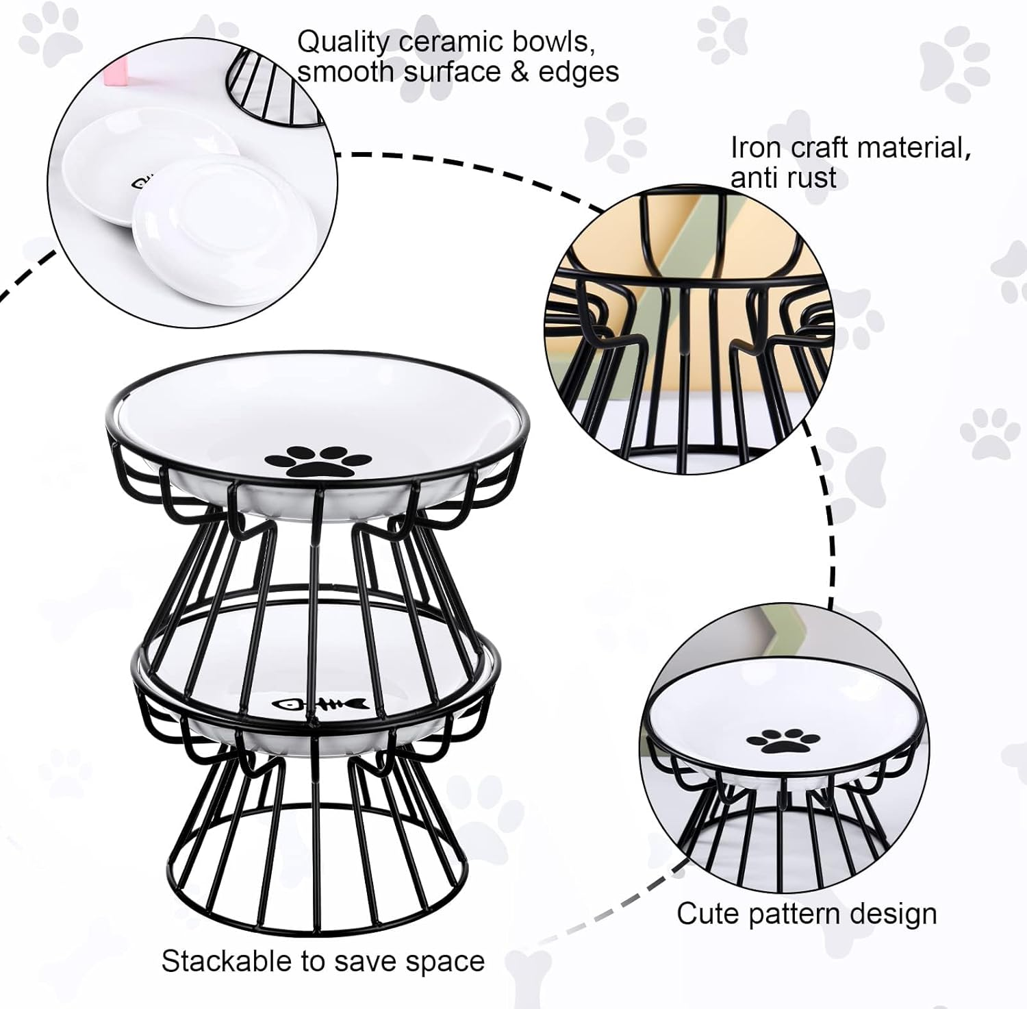 LMSNE Raised Cat Bowls,Whisker Friendly anti Vomit Cat Bowl Ceramicwith Metal Stand, Elevated Food Feeding Dishes for Cats and Dog image number 2