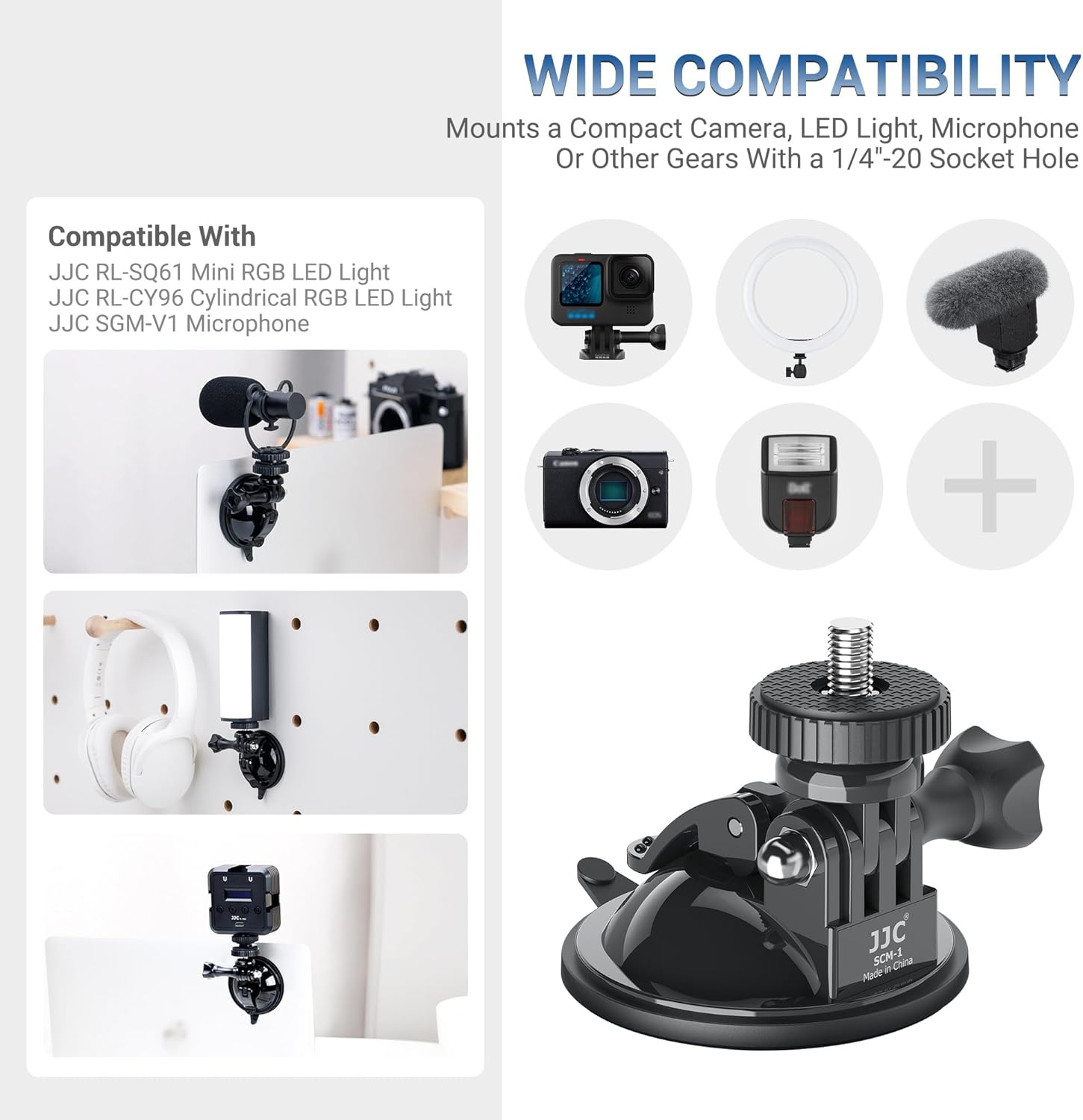 JJC Suction Cup Mount with 1/4"-20 Screw, Strong Stable Suction Cup Base for LED Light, Microphone, Gopro, DJI Action Camera Insta360 Car Mount image number 6