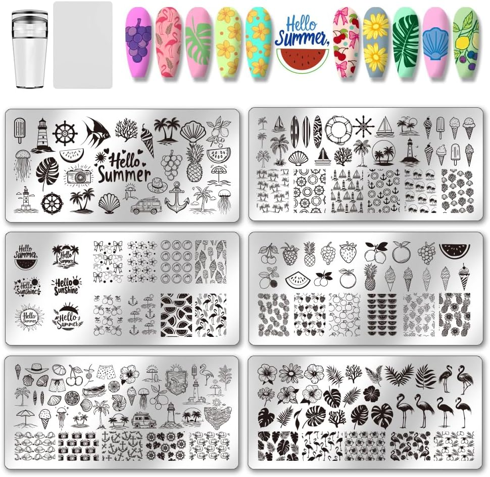 PH Pandahall Nail Stamping Plate Kit, 6Pcs Summer Ocean Beach Templates Nail Art Stencils Stainless Steel Image Plates with Silicone Nail Stamper Scraper Tool for Women Manicures Salon Design image number 3