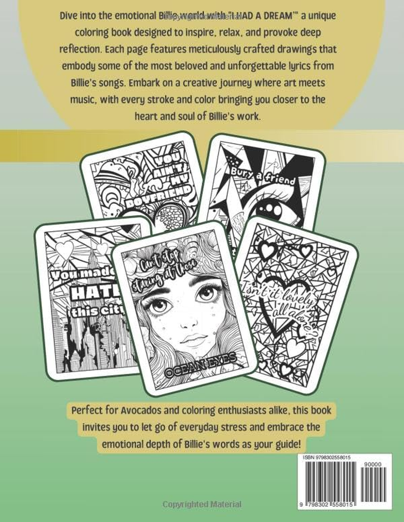 I HAD a DREAM: Billie Inspired Coloring Book for Teens | Avocados Fun Club | 50 Pop-Style Illustrations | Stress Relief, Fun, Relax and Creativity | Perfect Gift for Music and Art Lovers