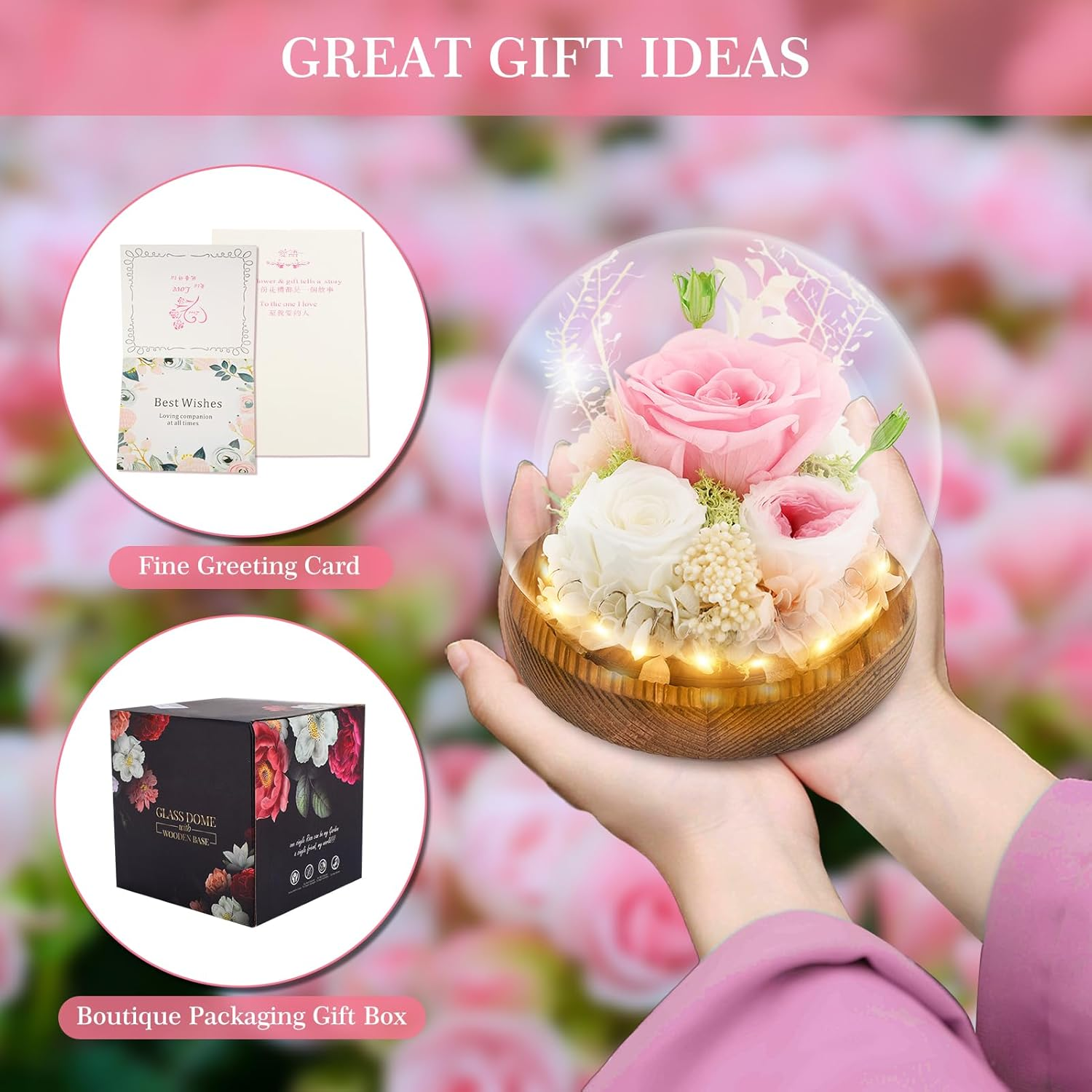 Rose in Glass Dome, Long-Lasting Real Flowers, with LED Light, Unique for Mother'S Day & Christmas & Valentine'S Day, Preserved Flowers Rose Gifts for Wife Girlfriend Mom (Red)