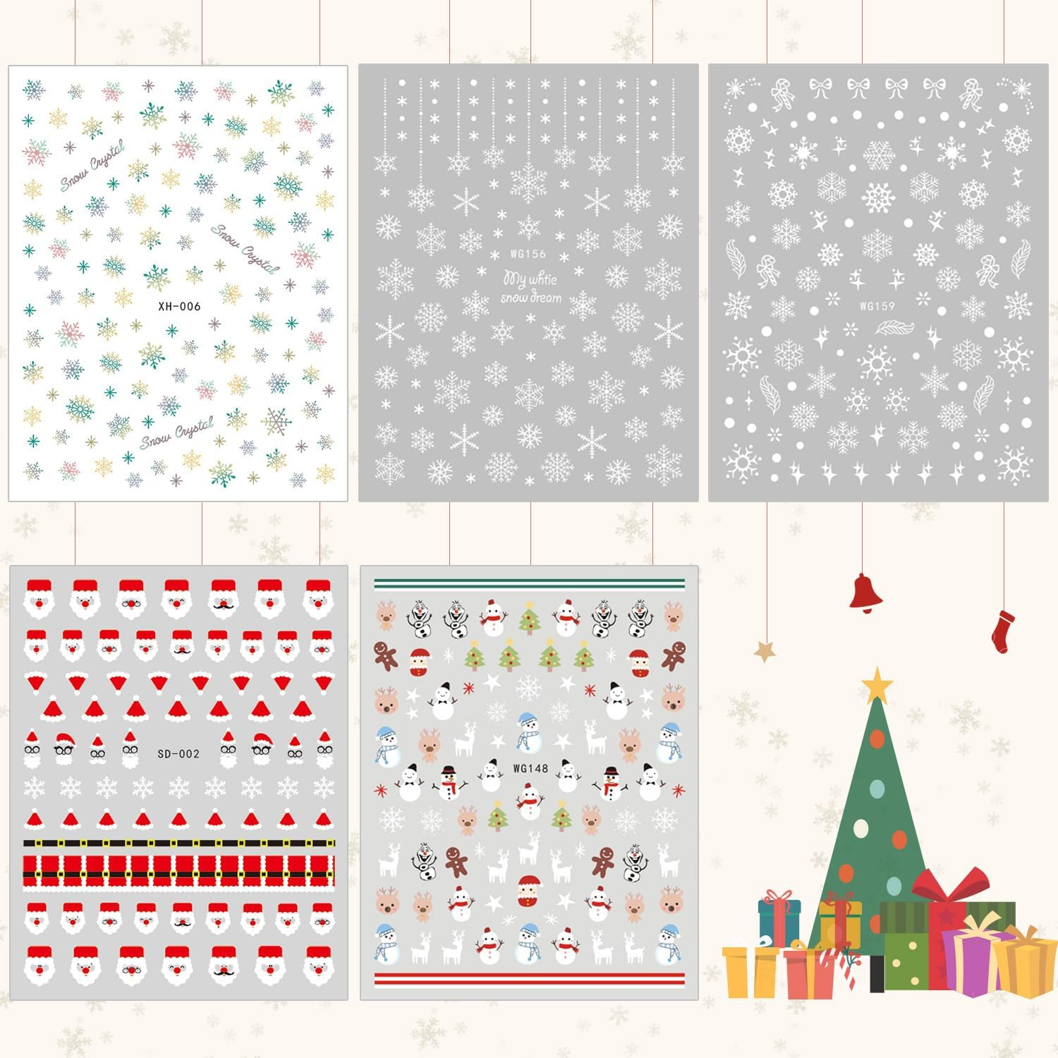 Whaline 20 Sheets Christmas Nail Art Stickers, 3D Self-Adhesive Stickers Santa Claus Reindeer X-Mas Tree Bells Snowflakes Decals for Women Girls Kids Manicure DIY or Nail Salon (More than 1000Pcs) image number 2