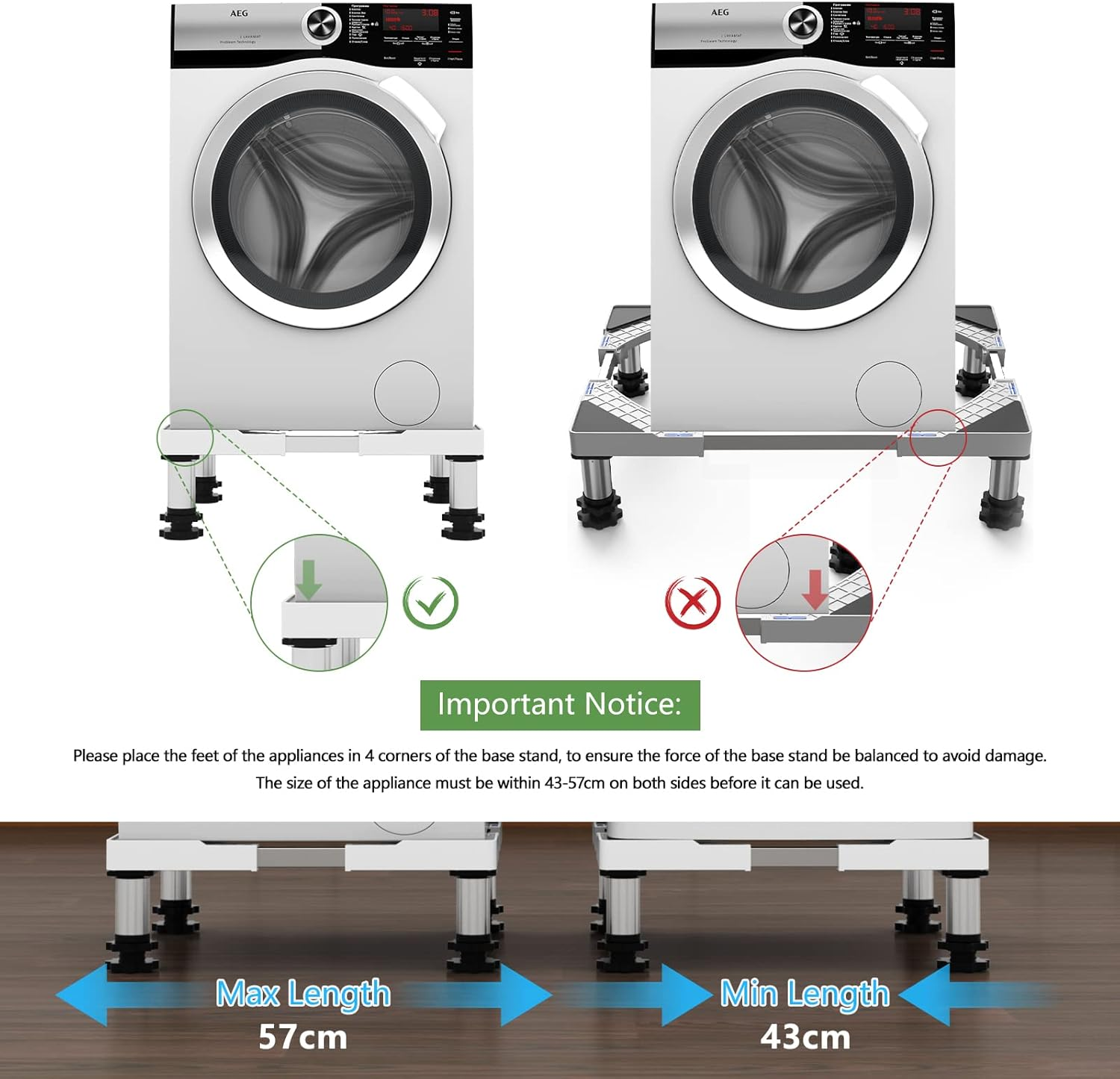 DEWEL Washing Machine Base Bear Load 350Kg Adjustable Washing Machine Base for Fridge Dryer Freezer Length 43-57Cm, Height 15-22Cm image number 4