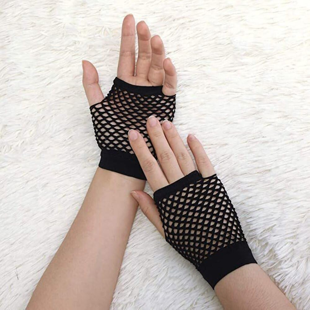 Women'S 70S 80S Wrist Length Fishnet Fingerless Gloves, Black (Pack of 24)