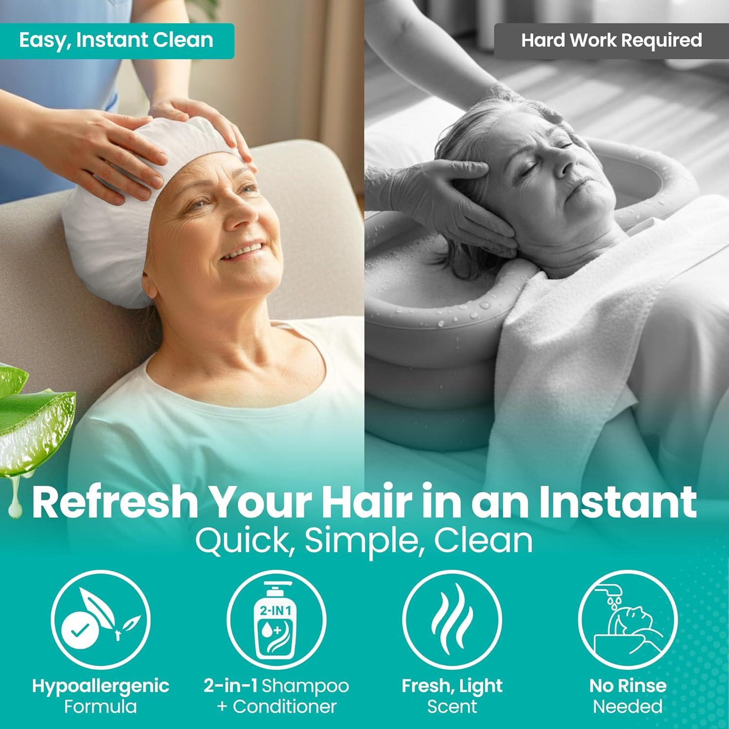 No-Rinse Shampoo & Conditioner Shower Cap &ndash; Waterless Hair Washing for Elderly, Bedridden, Hassle-Free Microwavable Hair Washing Cap Infused with Aloe & Vitamin E &ndash; 12-Pack image number 3