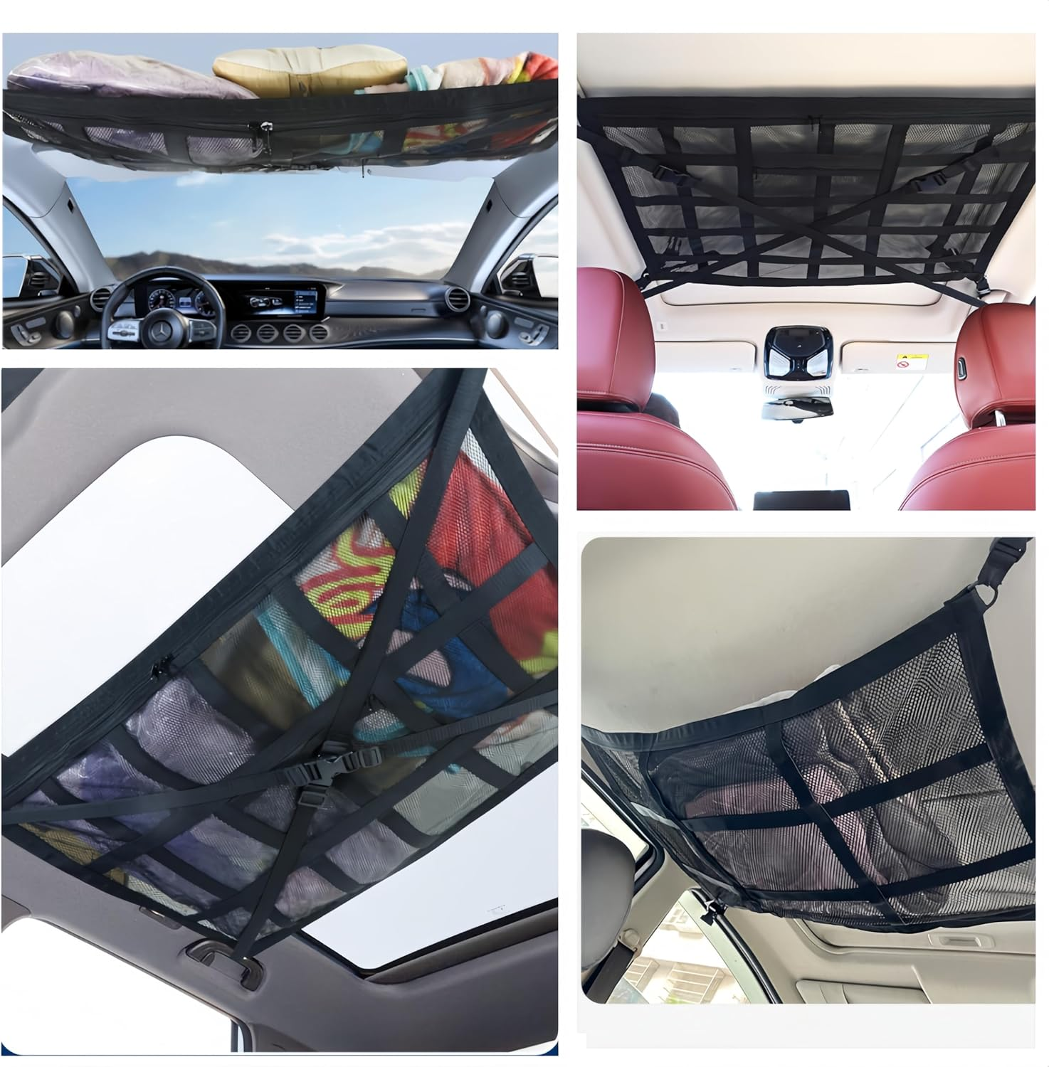 Ai-Oumleef Car Ceiling Cargo Net Pocket, Luggage Net Car Ceiling Storage Net, Adjustable Cross Strap Strengthen Load Car Ceiling Storage Net, Double Layer Mesh Car Organizer with Zipper(65 * 90) image number 1