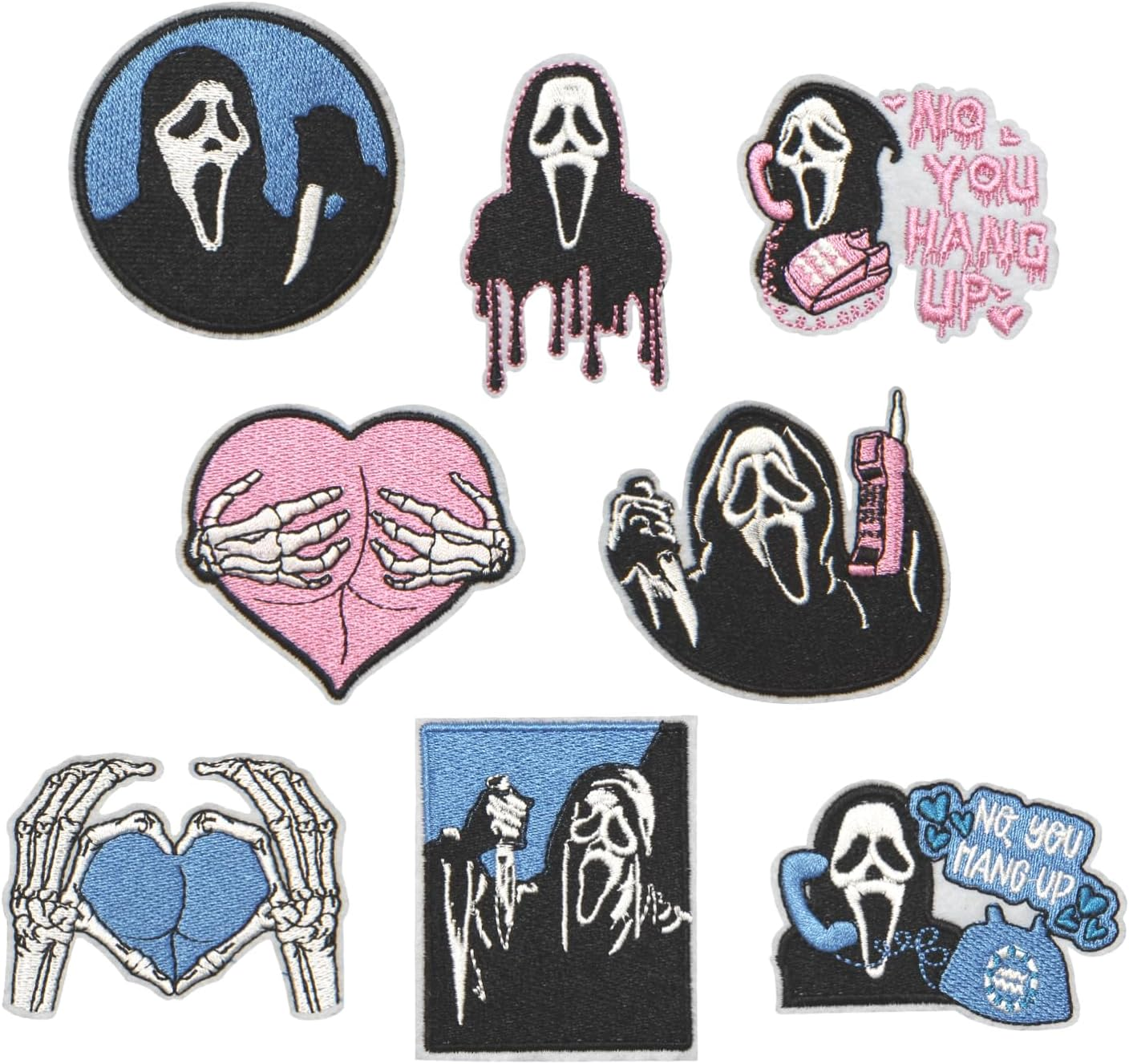 HEYTRCO 8PCS Ghost Iron on Patches, Scary Pink Blue Dark Hang up Embroidered Repair Patches for Clothes, Vintage Custom Badge Heart Applique for Hats, Jeans, Jackets, Bags, Backpacks, Dress, Shoes image number 1