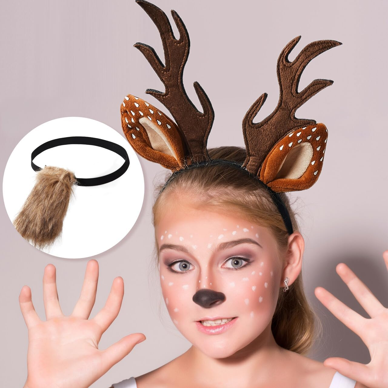 Spooktacular Creations Halloween Reindeer Antlers Headband with Fawn Tail, Deer Antlers Ears Accessories Set for Girls Women, Halloween Party Dress Up, Costume, Trick or Treating, Cosplay Decoration