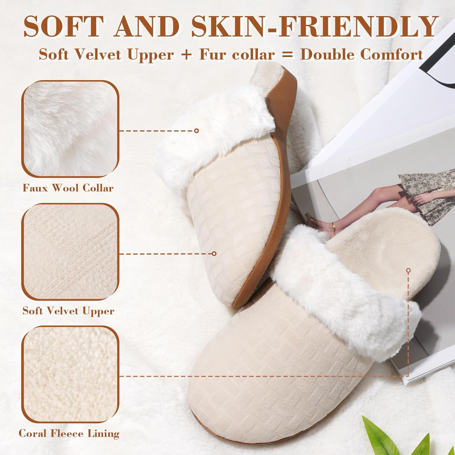 Ergofoot Orthopedic Slippers for Women, Fuzzy Slipper with Arch Support Bedroom Shoes for Plantar Fasciitis, Slip on Scuffs with Indoor Outdoor Anti-Skid Rubber Sole image number 5