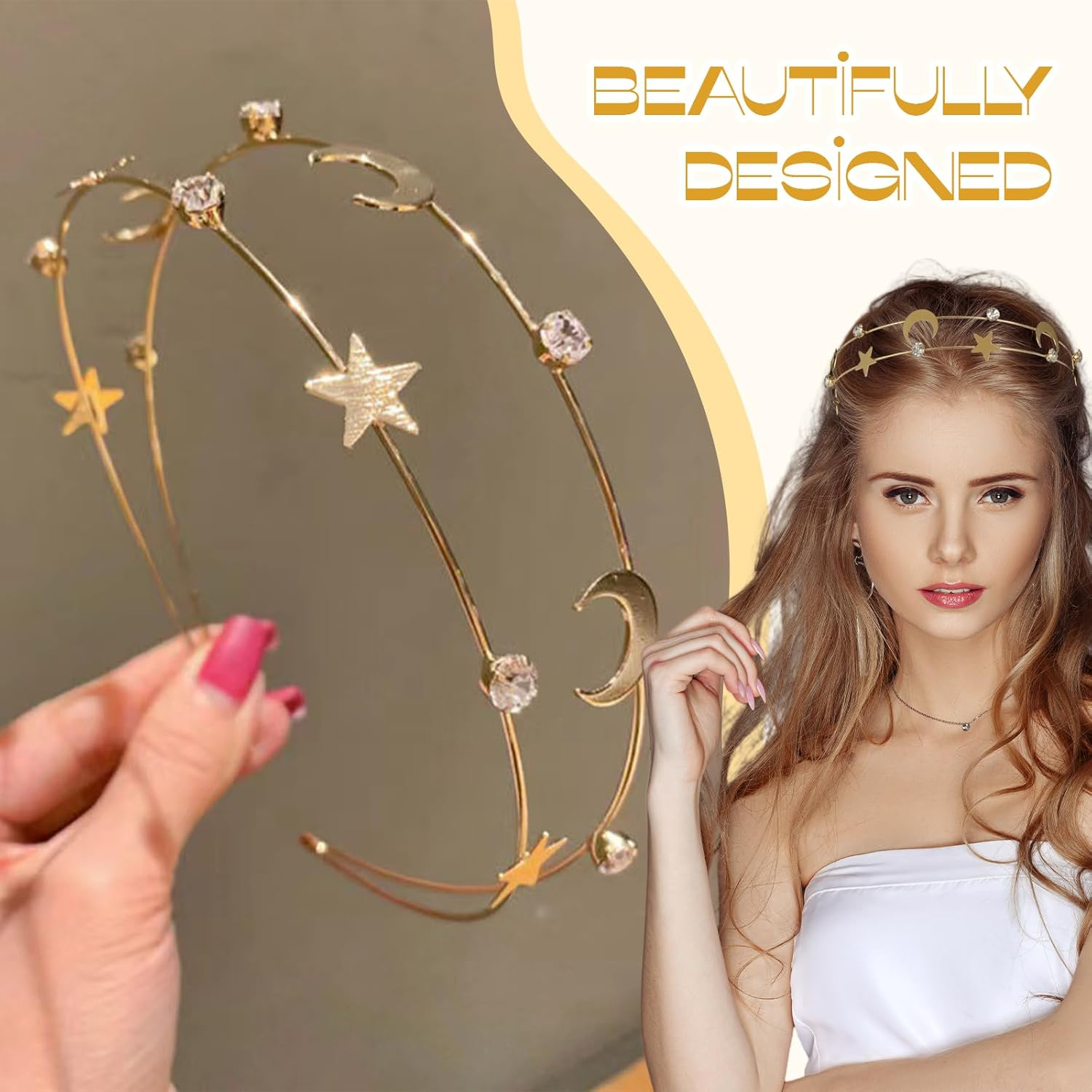 TELAIN Women'S Star Headband Set of 2 in Gold and Silver with Rhinestones, Comfortable and Durable, for Festivals and Everyday Use image number 5