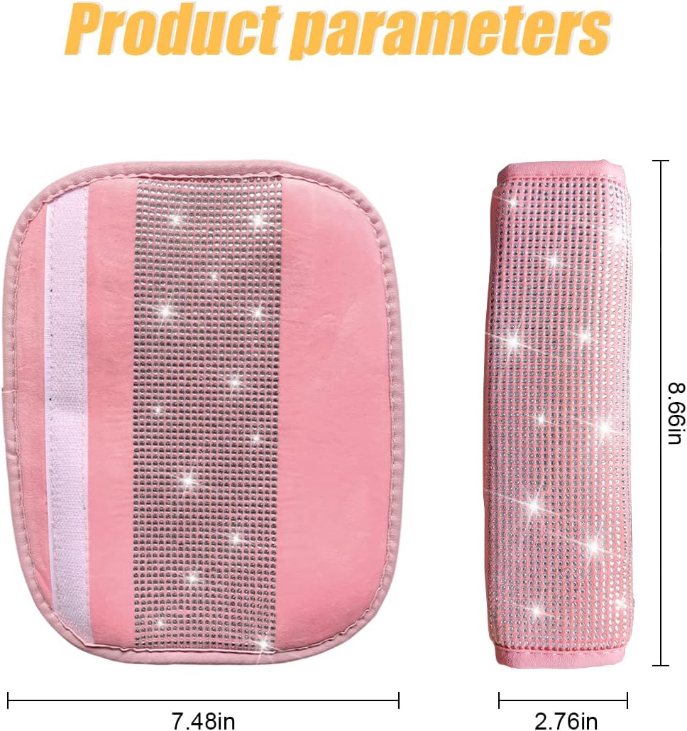 Bling Car Seat Belt Shoulder Pads, 2PCS Rhinestone Crystal Auto Seat Belt Covers, Diamonds Glitter Seatbelt Cushions for Women Girl, Car Decor Accessories for Most Cars, Trucks, SUV (Pink) - Black image number 2