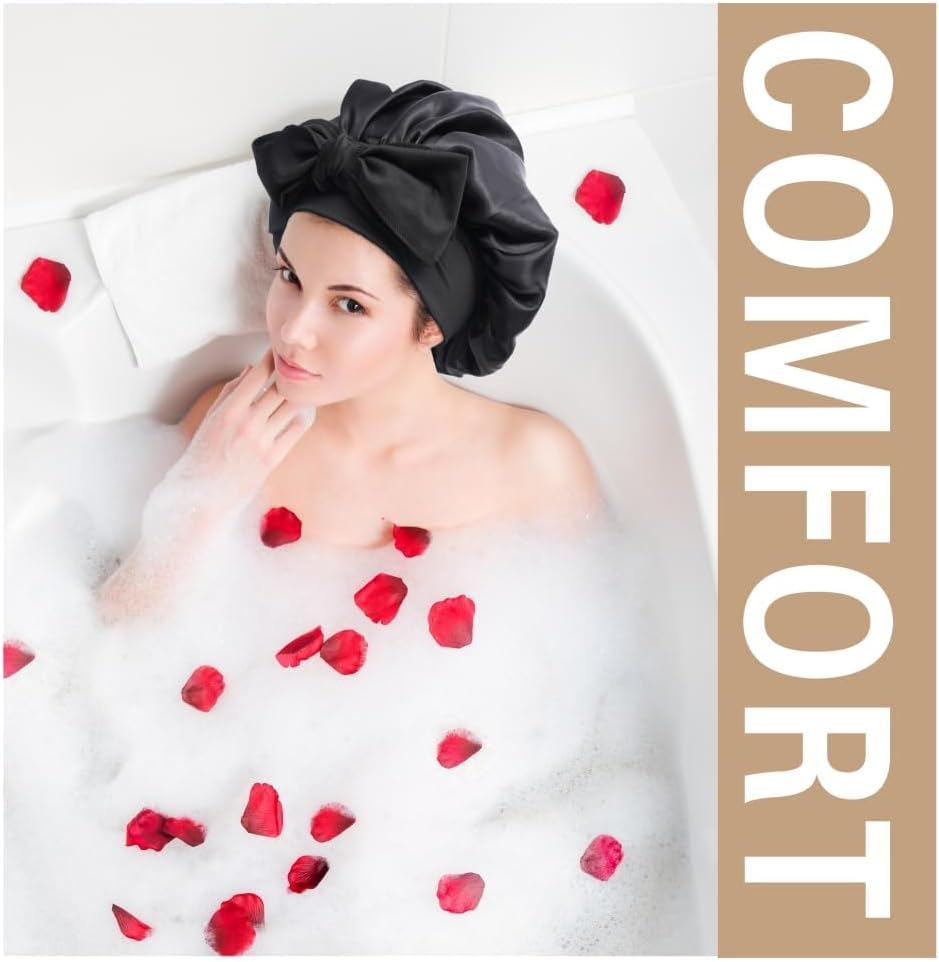 Mumoo Bear Silk Bonnet Satin Hair Bonnet for Sleeping Night with Tie Band with Head Wrap for Women (Black) image number 4