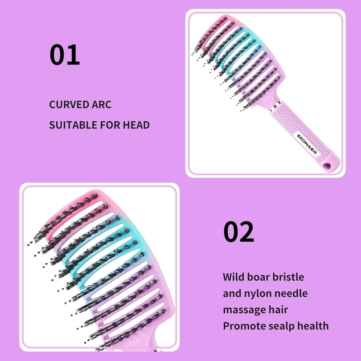 2Pcs Boar Bristle Hair Brush, Wet & Dry Hair Brushes, Curved and Vented for Wet and Dry Detangling Hair Brush, Detangling Long Curly Thick Hair for Women, Men & Kids (B) image number 5