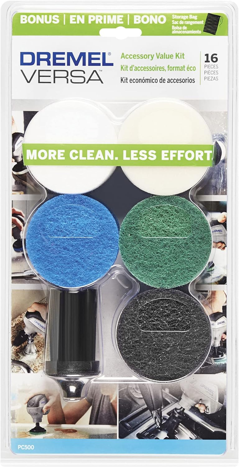 Dremel Versa Mega Accessory Kit - 16 Pcs, Black, Cleaning Kit, 15 Cleaning Pads, 1 Corner Brush, Nylon Storage Bag, Soft Fibers Bristles, Cast Iron Material image number 2