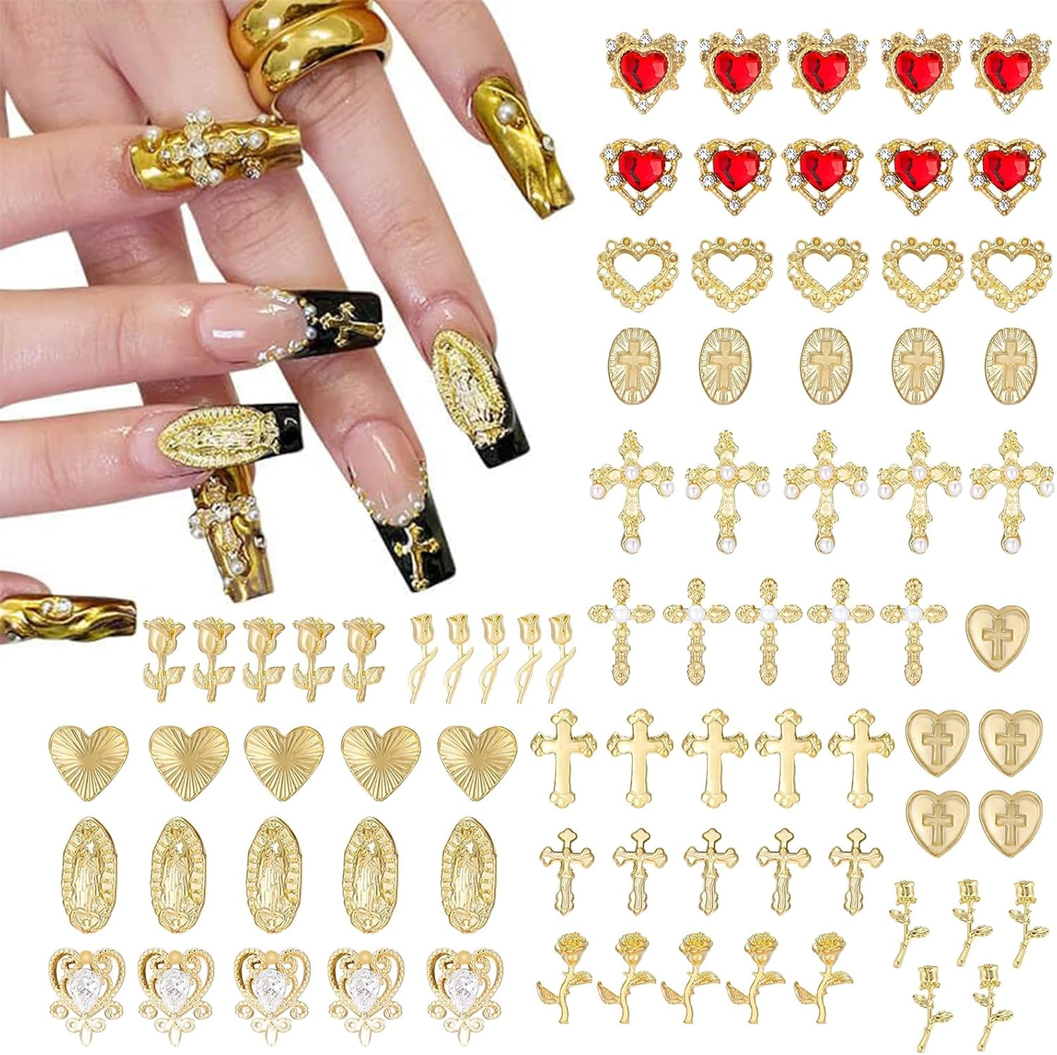 Kinretixia 80 Pieces Y2K Chrome Nail Charma Decorations, Golden Nail Charm Set with Golden Nail Gemstones, Perfect for DIY and Personality Expression image number 5