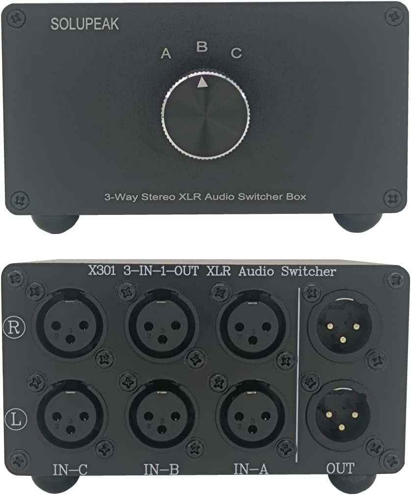 SOLUPEAK 3-Way XLR Stereo Audio Switch Box, Balanced Audio Converter, Passive Signal Source Audio Input Selector Switcher Splitter Box 3 in 1 Out (X301)