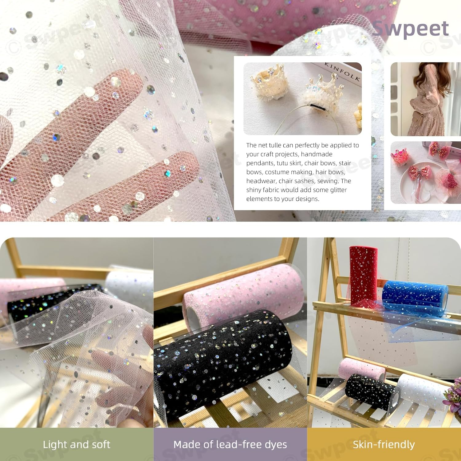 Swpeet 6 Inch by 50 Yards White Glitter Tulle Fabric Roll, Fabric Spool Sparkling Tulle Ribbon, Netting Polyester Spool for DIY Birthday Party Wedding Decorations Christmas Craft Supplies - Black image number 4