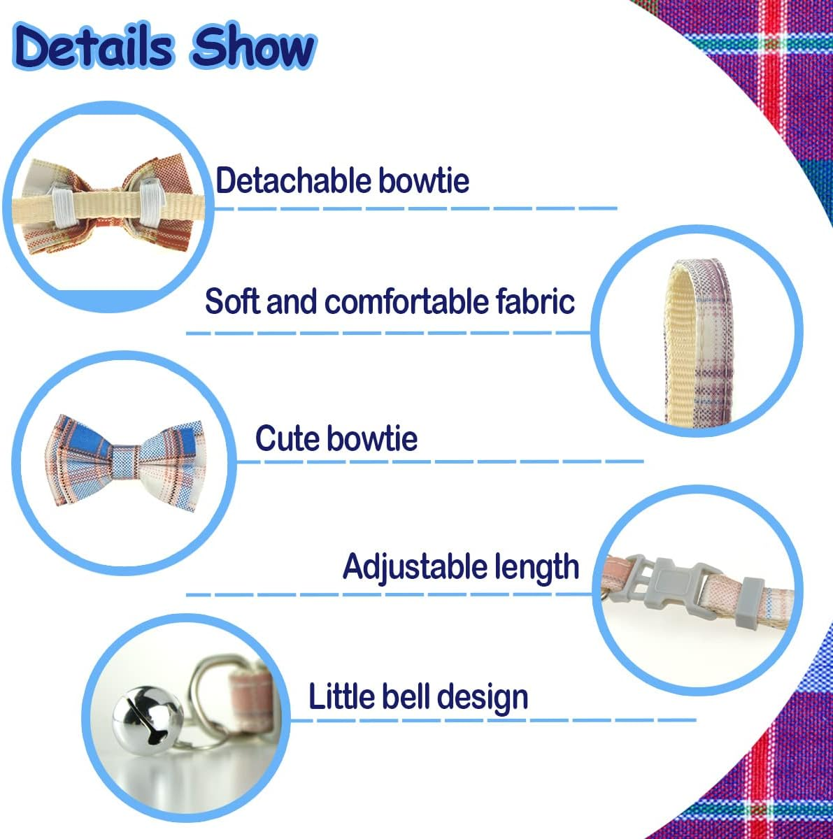 Cat Bow Tie Collars with Bell Adjustable Plaid Collar for Kitten Puppy Cute Collars Soft Cat Collar with Bell Tie image number 5