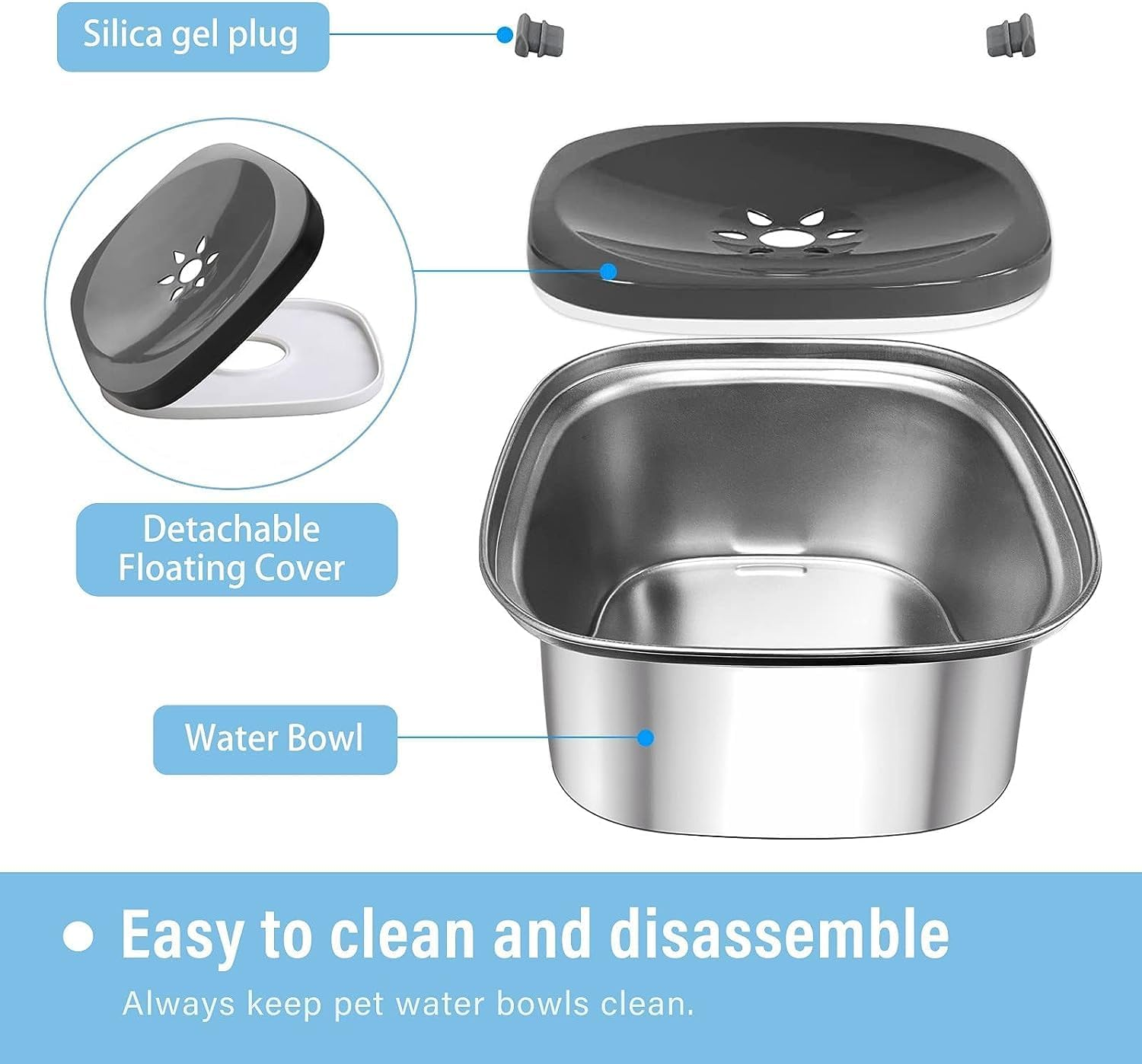 Dog Water Bowl 3L 101Oz Stainless Steel No Spill Dog Bowl Large Capacity Slow Water Feeder, Spill Proof Dog Bowl Pet Water Dispenser Vehicle Carried Slow Drinking Water Bowl for Dogs, Cats (Grey) image number 1