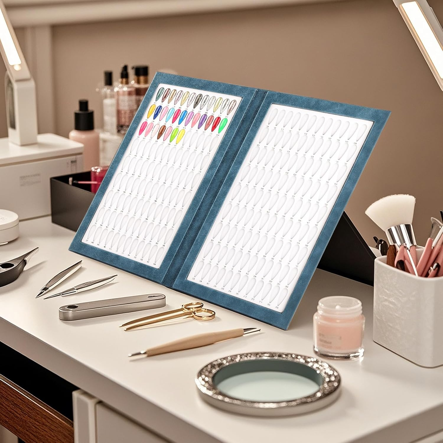 BNG Nail Colour Display Book 216 Colours Nails Art Card Chart with 240 Pieces Almonds False Nails Tips, Leather Stamped Silver Drops Colour Book for Salon Gel Polish, Blue