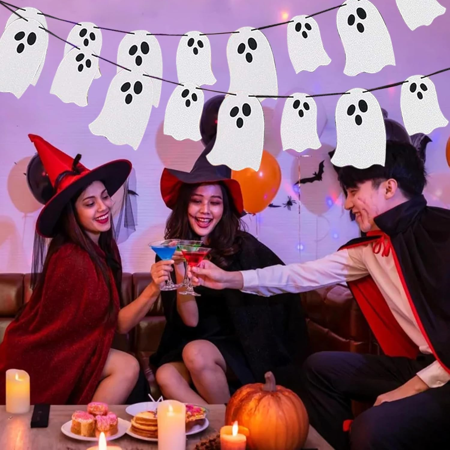 White Glitter Halloween Ghost Garland Banner Ghost Halloween Party Banner Decorations Indoor for Haunted Houses Indoor Outdoor Party Decor image number 3