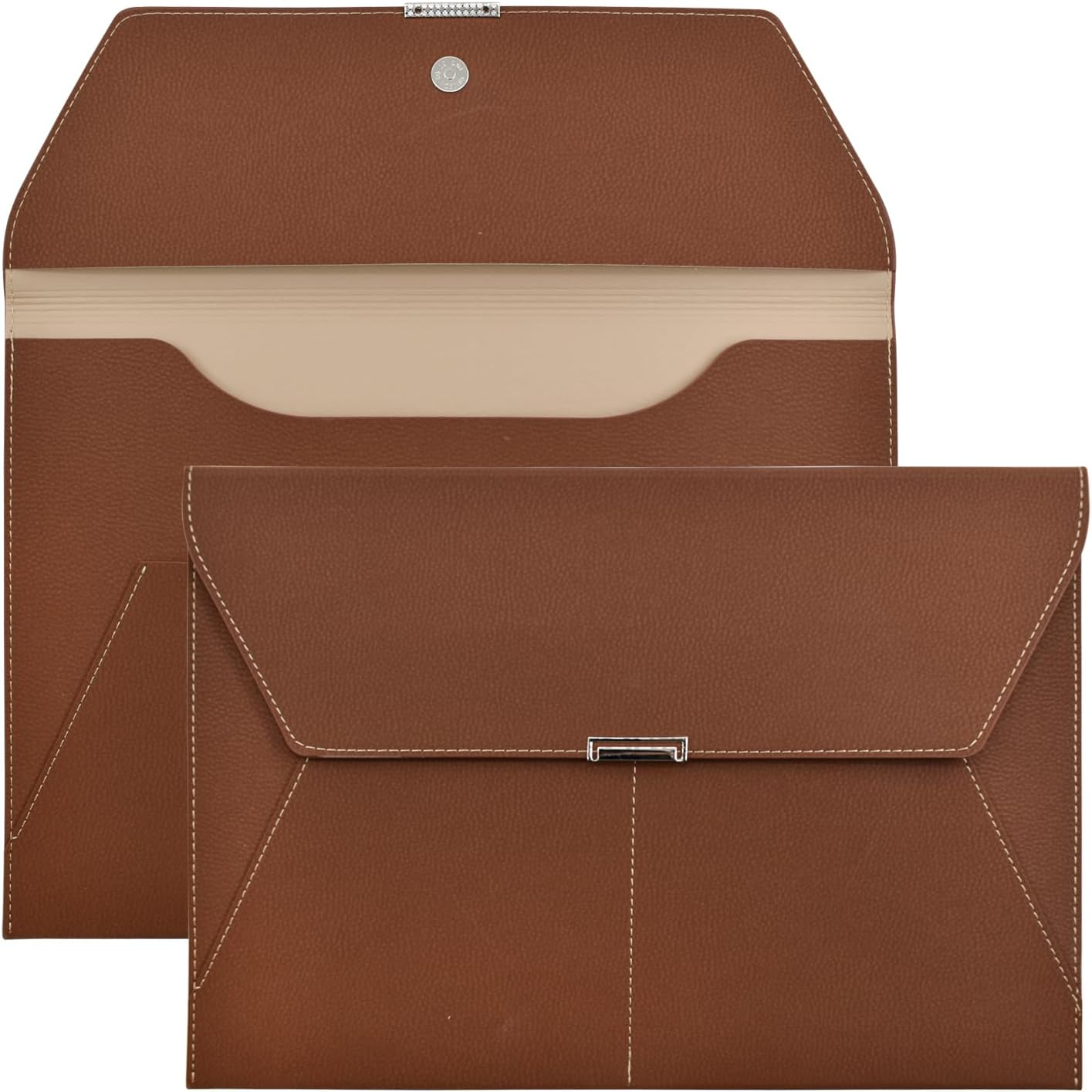 VANRA File Folder Document Holder Document Organizer Waterproof Portfolio Leather Folder Case with 3 Pockets, Filing Envelopes for A4 Letter Size Paper with Snap Magnetic Button Closure (Brown) - Gray image number 3