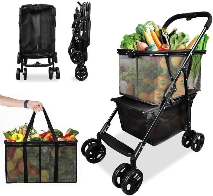 Folding Shopping Cart 50Kg, Portable Collapsible Grocery Cart, Two Tier Collapsible Shopping Trolley with Removable Basket and 360&deg; Swivel Wheels, One-Hand Fold (Black)