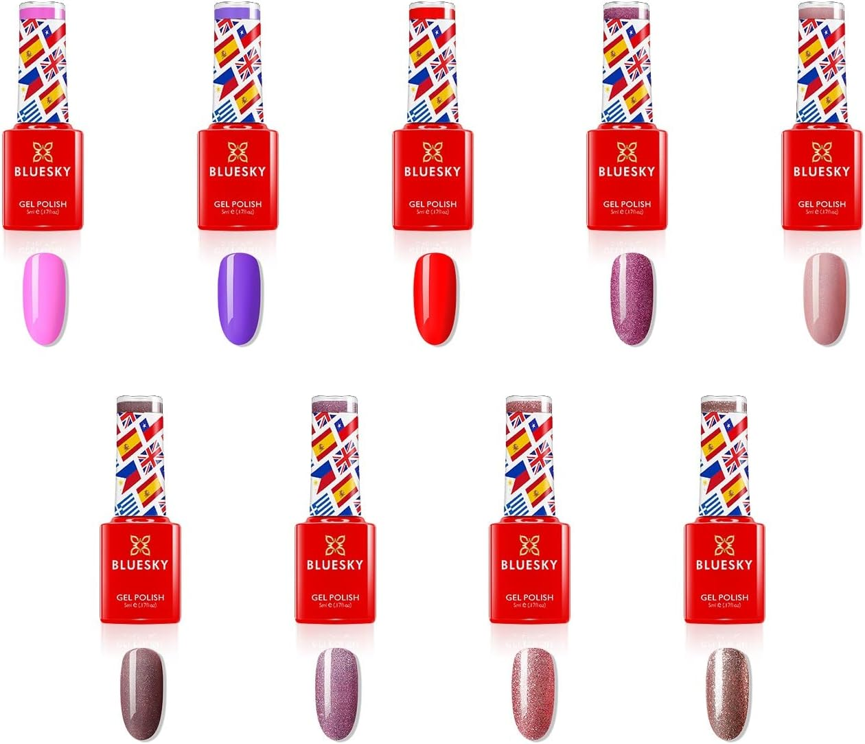 BLUESKY Gel Polish, Gel Nail Polish Set, 10 Year Anniversary - Full Collection. 9 X 5 Ml. Pink, Purple, Red, Nude, Pastel, Glitter
