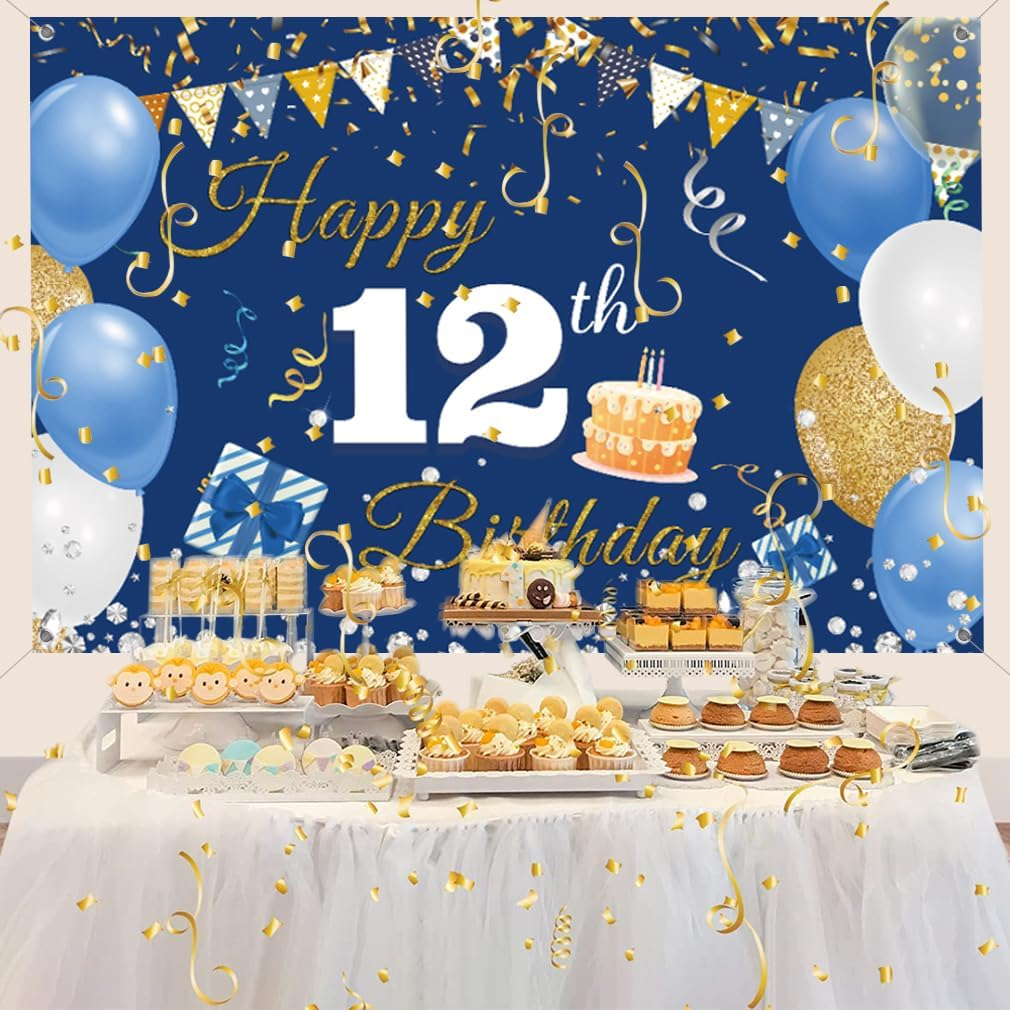 12Th Birthday Decorations Backdrop Banner for Boys/Girls Happy 12 Years Old Fabric Sign Poster, Blue Photography Background 12Th Birthday Party Supplies, 59"X35.4" image number 2