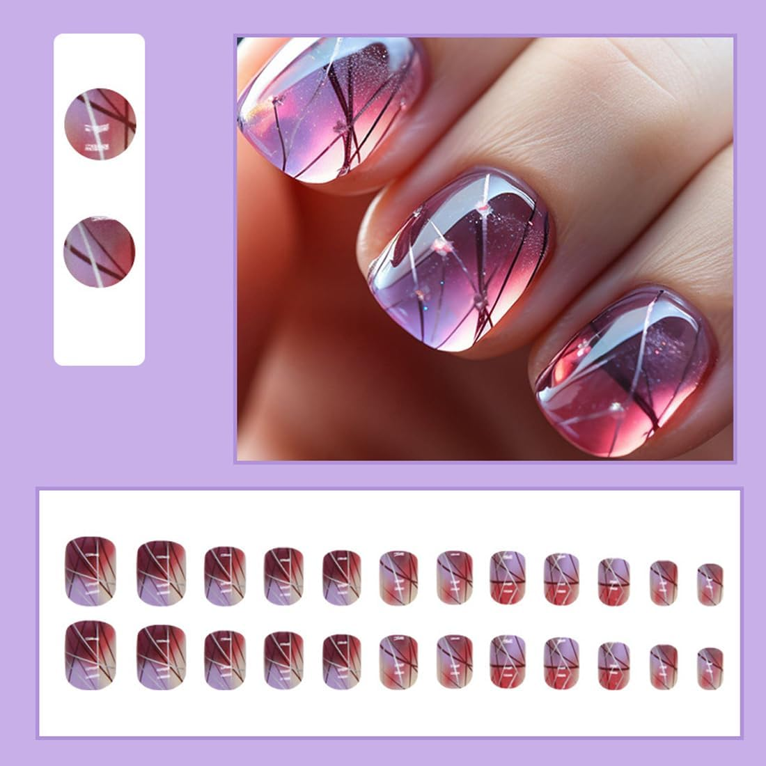 24 Pcs Square Fake Nails Purple Fake Nails Silver Line Design Fake Nails Short False Nails Glossy Fake Nails Full Cover Fake Nails for Women and Girls image number 2