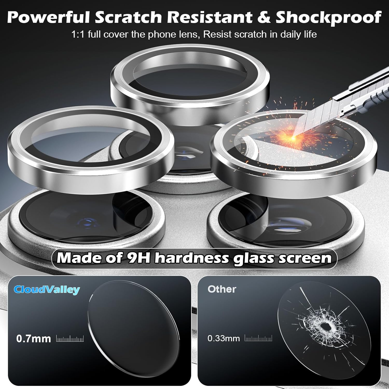 Cloudvalley for Iphone 17 Pro/Iphone 17 Pro Max Camera Lens Protector, [1 Second Installaion] Ultra-Hd Tempered Glass Cover, [Case-Friendly] Metal Lens Screen Protective Ring,Titanium Silver - Glitter Black image number 6