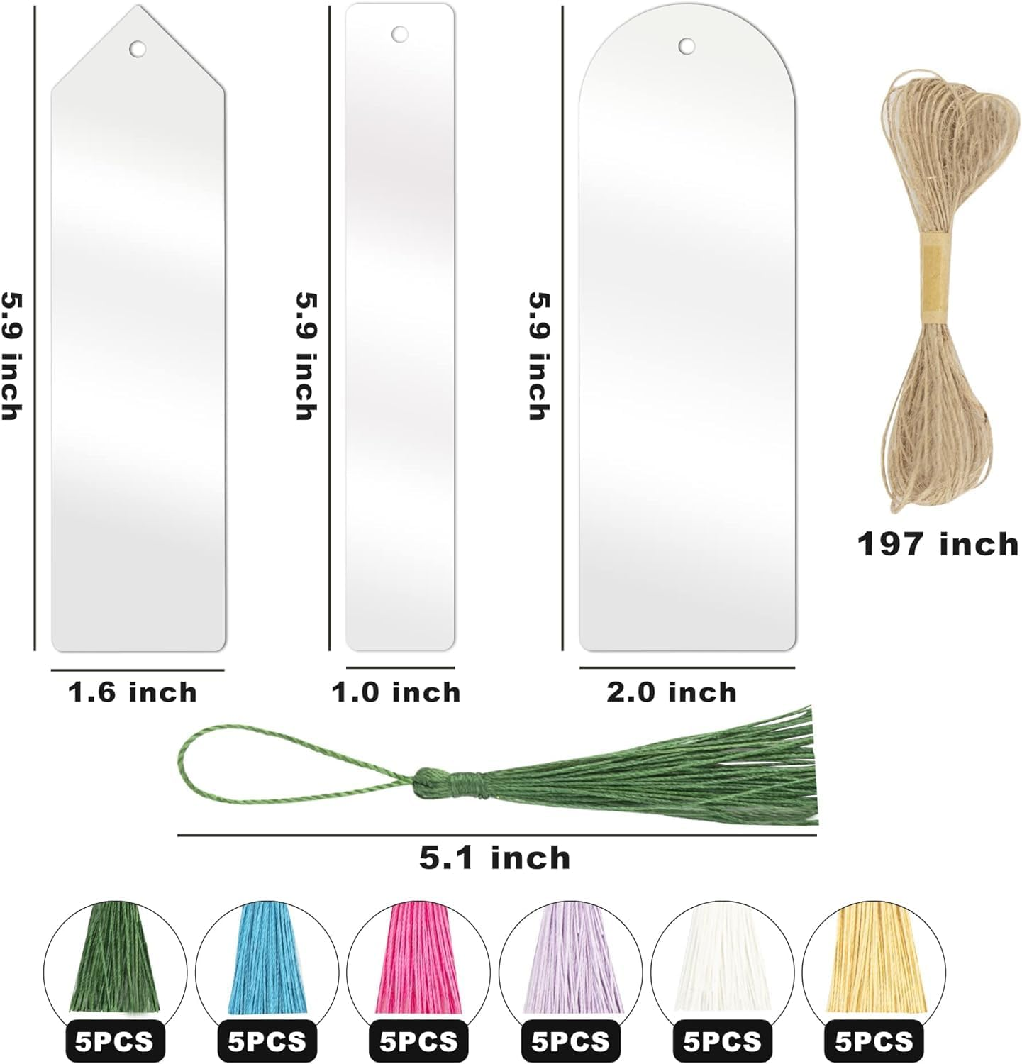 Leanockesa Acrylic Bookmarks Blanks Bulk, Leanockesa 61PCS Clear Bookmark Plastic Blank 30 Set with Tassels & Twine String Cord for Vinyl DIY Craft (3 Shape of Bookmarks and 6 Color Tassels) image number 4