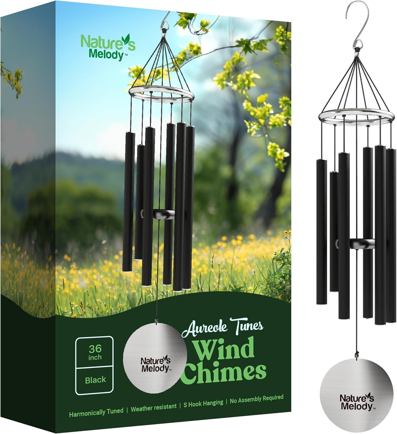 Nature&rsquo;S Melody Aureole Tunes Wind Chimes &ndash; Outdoor Windchime with 6 Tubes Tuned to E Pentatonic Scale, 100% Rustproof Aluminum, Powder Finish & S Hook Hanger for Sympathy, Memorial Gift or Zen Garden