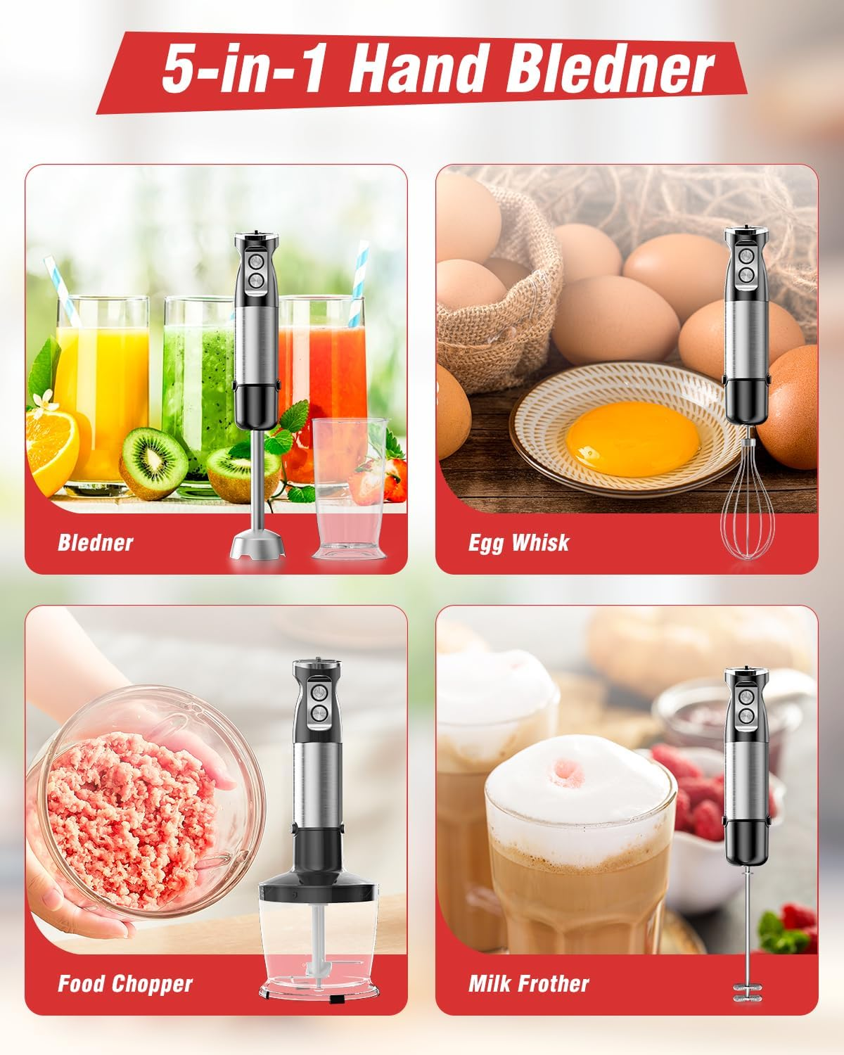 Hand Stick Blender - 1200W Immersion Handheld Blender Set, 5In1 Electric Blender Heavy Duty Motor with 6 Speed Handheld Mixer with 600Ml Mixing Beaker, 500Ml Chopper, Whisk and Milk Frother, Bpa-Free