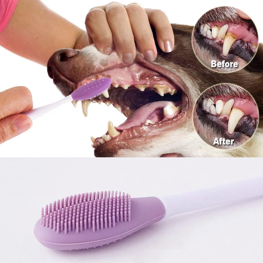 Gingeruper Dog Toothbrush, Silicone Double-Sided Soft Comfort Gentle Toothbrush Set with 5.7 Inch Curved Long Handle for Small Puppies Dogs Cats image number 1