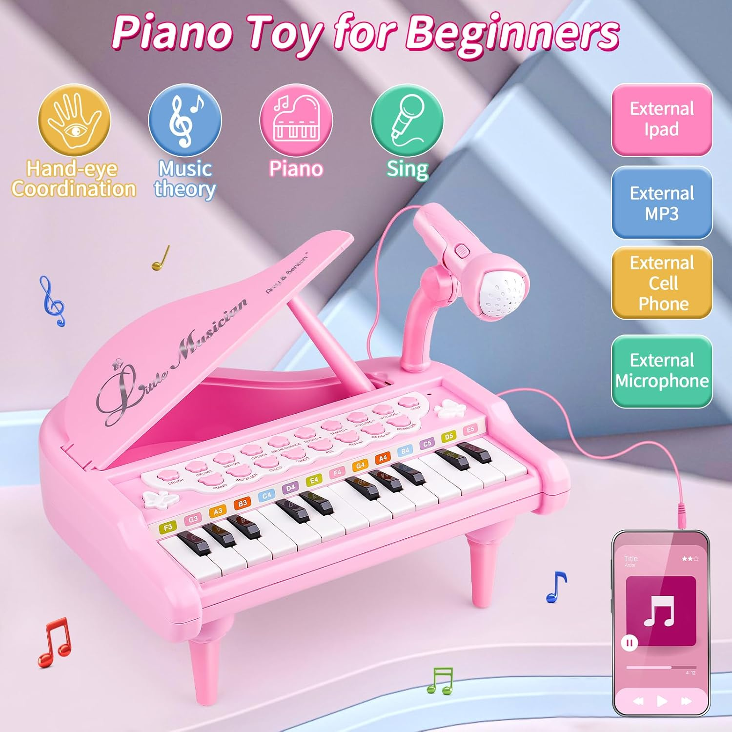 Amy & Benton Toddler Piano Toy Keyboard for Kids 24 Keys Pink Birthday Gift Toys for Baby image number 2