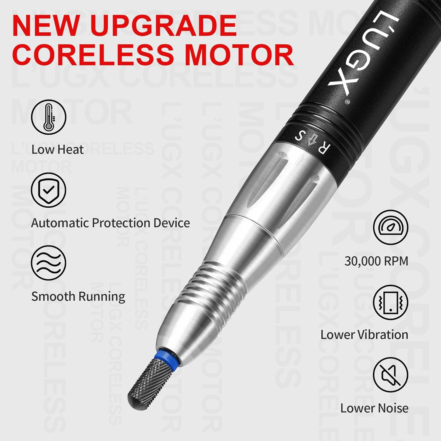 L'UGX Professional Nail Drill Machine Rechargeable with Coreless Motor, Portable Electric Nail File Wireless 30000 RPM Cordless Nail Drill for Acrylic Nails with 8 Nail Drill Bits for Manicure image number 3