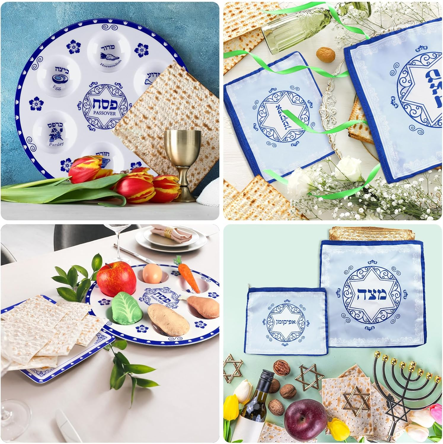 Foldtier 4 Pcs Passover Seder Plate Set Includes round 12 Inch Renaissance Seder Plate, 8 Inch Square Matzo Tray, 3 Pocket Silk Matzo Cover, Zipper Afikoman Bag for Pesach Decoration Dinnerware image number 4