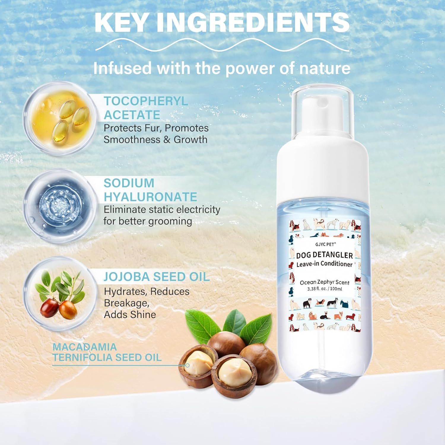 Dog Detangler & Dematting Spray - Leave-In Conditioner, Ocean Zephyr Scent | Jojoba Oil, Macadamia Oil, Sodium Hyaluronate for Silky, Tangle-Free Coat, 120Ml image number 2