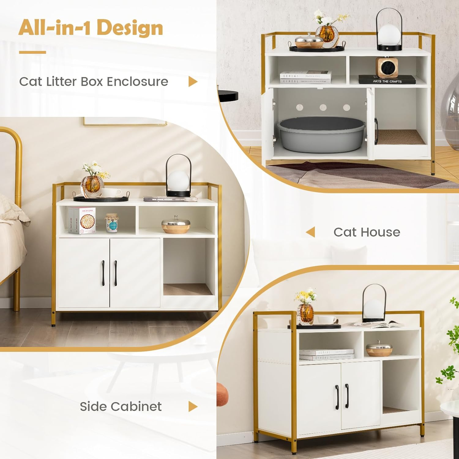 Costway Cat Litter Box Enclosure, Hidden Washroom with Storage & Scratch Pad, Indoor Pet Crate W/Golden Metal Frame, Modern Furniture for Bedroom, Living Room, White,(Pv10054Wh-Costway) - Coffee image number 7