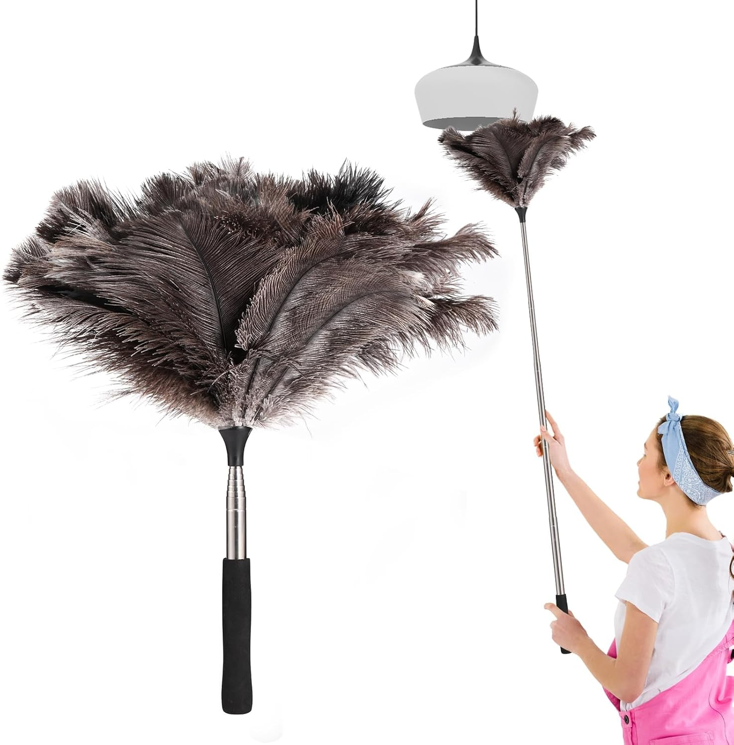 Ostrich Feather Duster with Telescoping Handle &ndash; Reusable, Extendable Dusting Tool for Home Cleaning &ndash; Ideal for Ceiling Fans, Pendant Lights, Blinds, Furniture & Electronics (17&rdquo;-47&rdquo;) 1Pcs