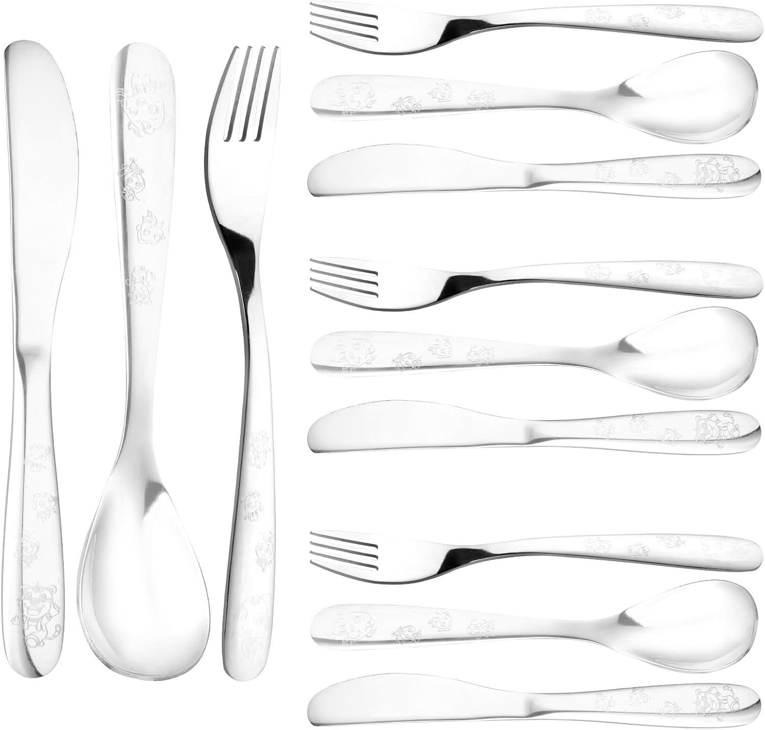 12 Pcs Stainless Steel Toddler Utensils Set Cartoon Kid Silverware Set Mirror Polished Child Knife Fork and Spoon Kit Tableware Flatware Kit Dishwasher Safe for Kids (Silver)