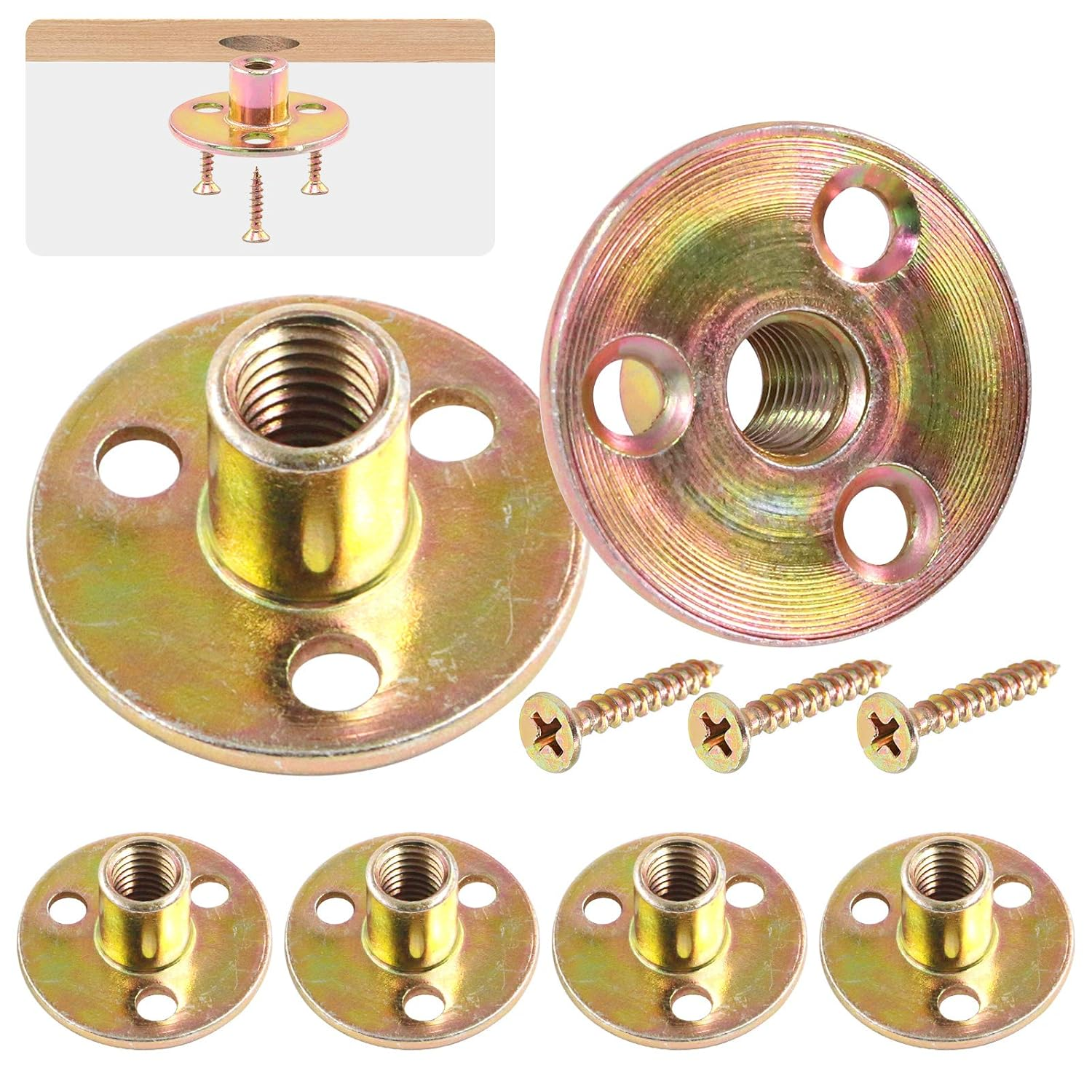 Hilitchi 64Pcs M10 Brad Hole Tee Nut Carbon Steel Screw in T Nuts round Base Mounting Hardware Fitting Fastener Flange Insert Female Thread with Screws (M10-64PCS) image number 3