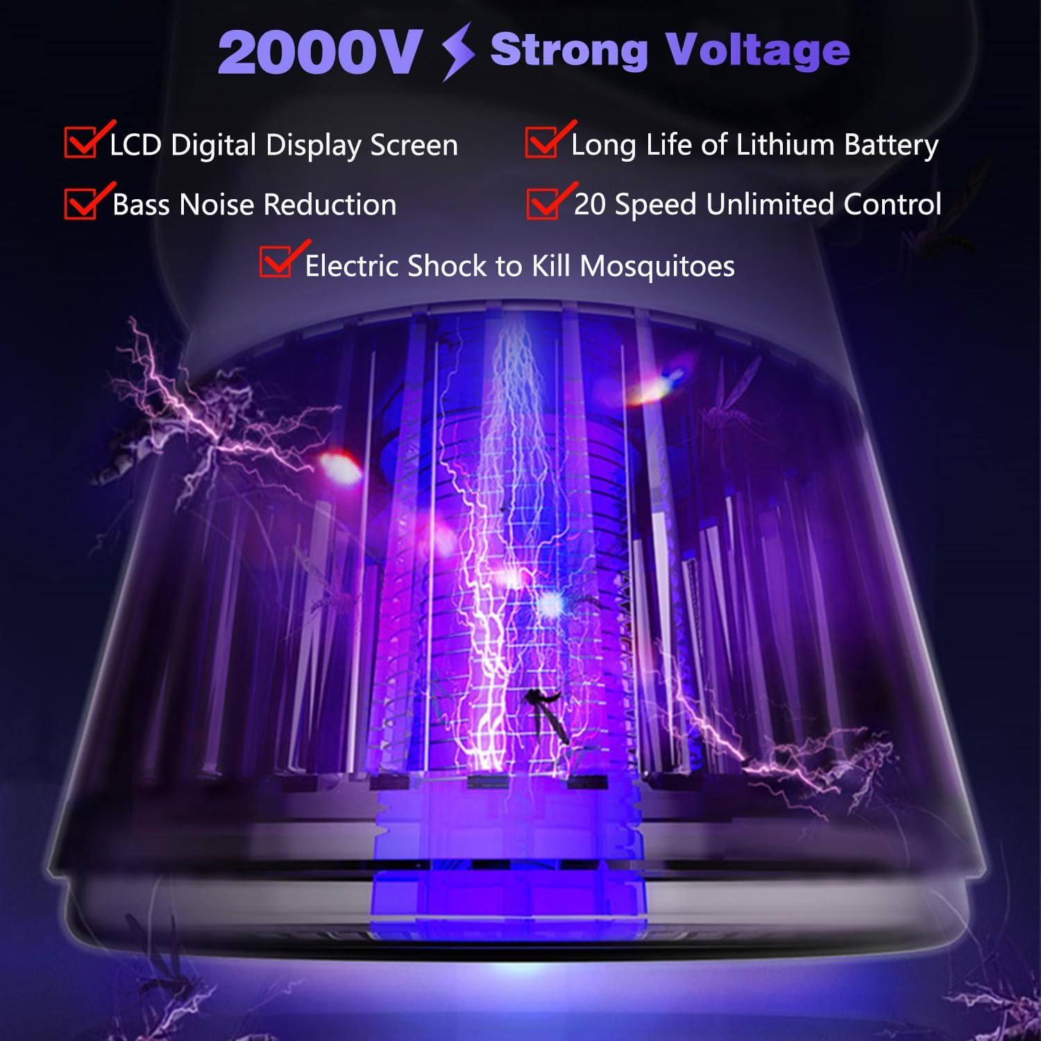 Bladeless Electric Bug Zapper Fan, 8H Timer, 20-Speed, 4.8AH, 2-In-1 Mosquito Zappers Fan, Portable Rechargeable Desk Bug Zapper Fan for Patio/Backyard/Bedroom image number 1