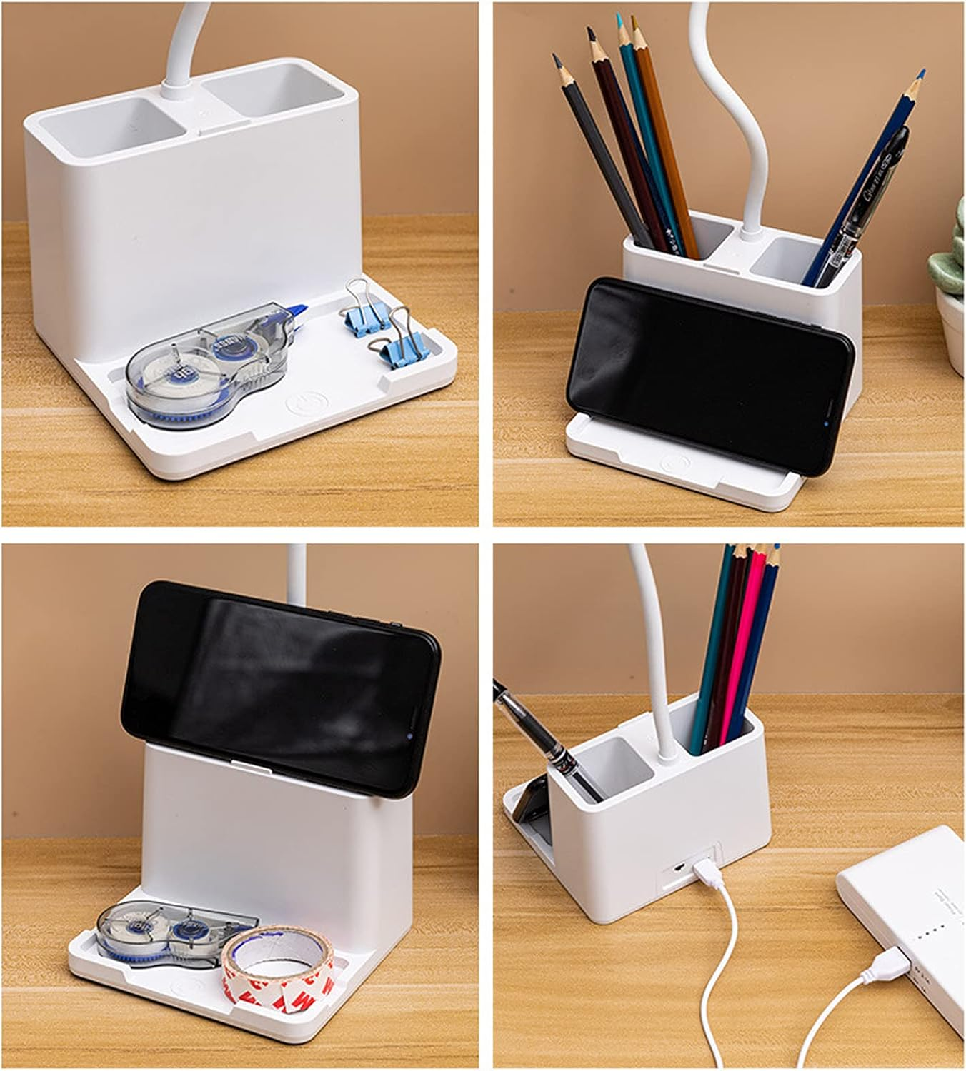 Youker Desk Lamp 3 Colors LED Table Light with Pen Holder Stepless Dimming Study Lamp with Flexible Gooseneck Eye-Caring Bedside USB Rechargeable Desk Lamp for Home Office