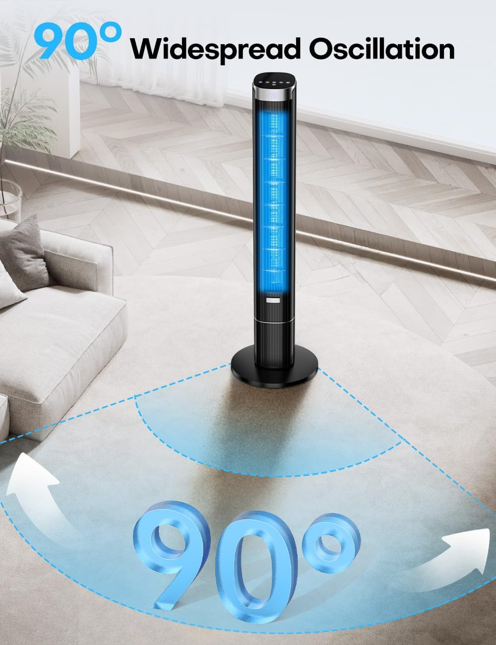 COOLECH 110CM Bladeless Tower Fans W/4 Speeds & 4 Modes, Remote Control, 25Db Quiet for Sleep, 90&deg; Oscillating, 12 Timer, 8.5M/S, Cover up to 25㎡, Display Auto-Off, 60W Cooling Fan for Room Bedroom image number 2