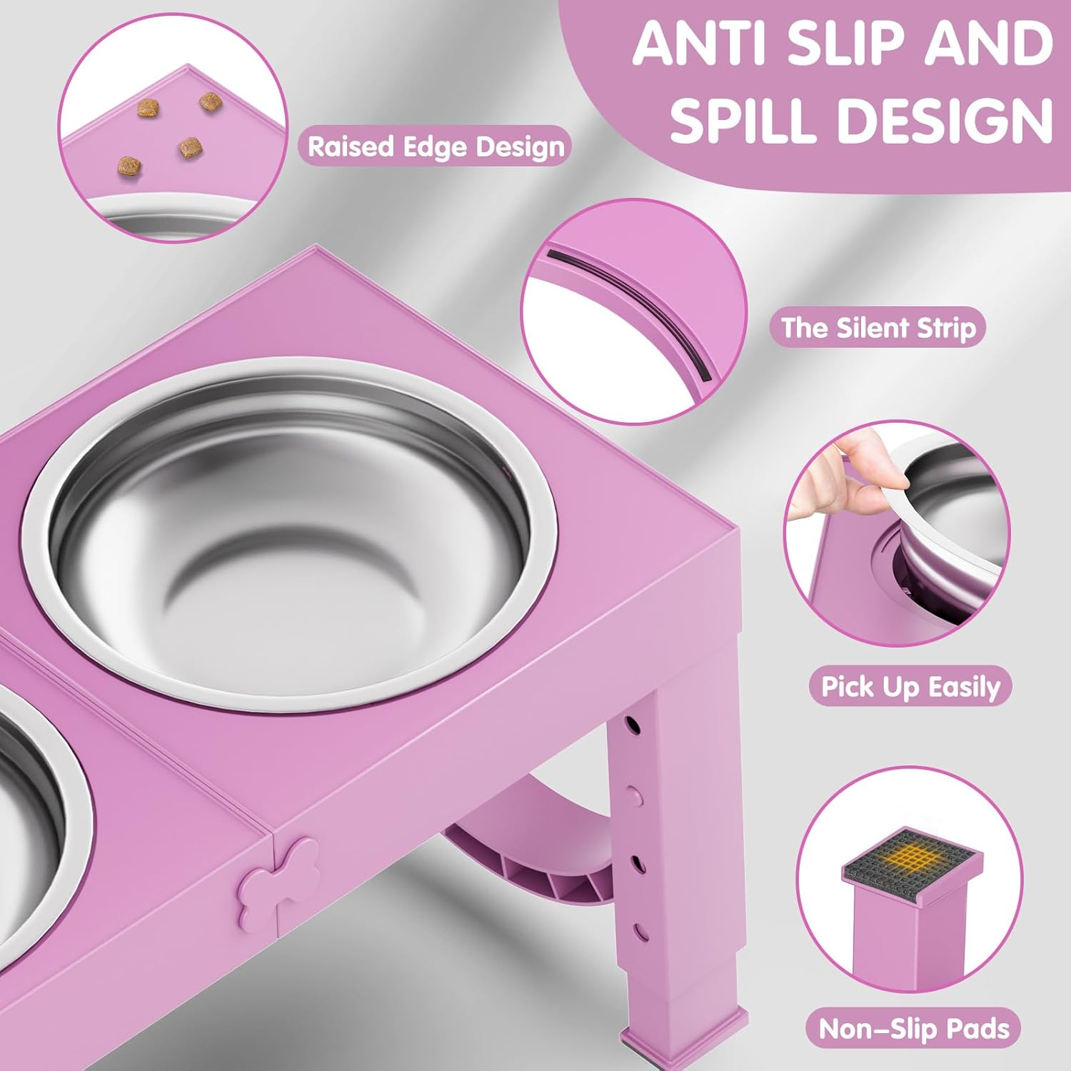 Elevated Dog Bowls for Medium Large Breed Dogs, 4 Height Adjustable Dog Raised Bowls Stand to 9.09", 10.63", 12.20", 13.78", 2 Thick Stainless Steel Dog Food Water Bowls, No Slip Dog Feeder, Pink