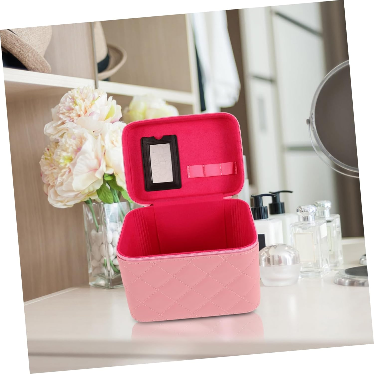 EXQUIMEUBLE Portable Makeup Case Small Pink Hard Travel Cosmetic Organizer Multi-Functional Makeup Storage Bag for Women image number 2