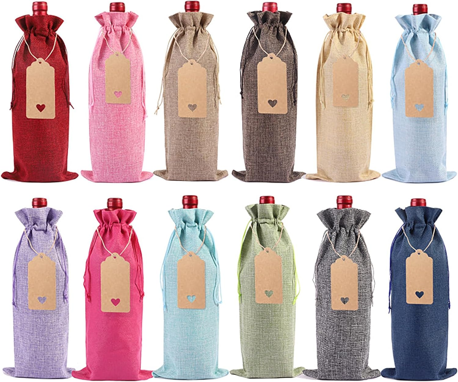 Tunghey Premium Burlap Wine Bags and 24Pcs Gift Tags, 12Color Reusable Wine Gift Bags with Drawstrings, Wine Bottle Bags, Wine Bags for Wedding, Birthday, Blind Tastings, Christmas, Travel,Party (24Pack)