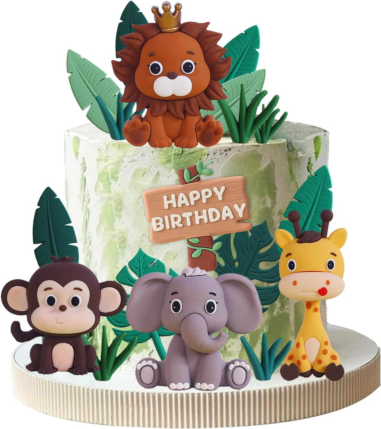 Chris.W 25 PCS Safari Animal Cake Topper Set, Jungle Wild Cake Toppers with Lion Giraffe Monkey Elephant Fake Leaves Grass Cake Decoration for Safari Animals Themed Birthday Party Supplies image number 3